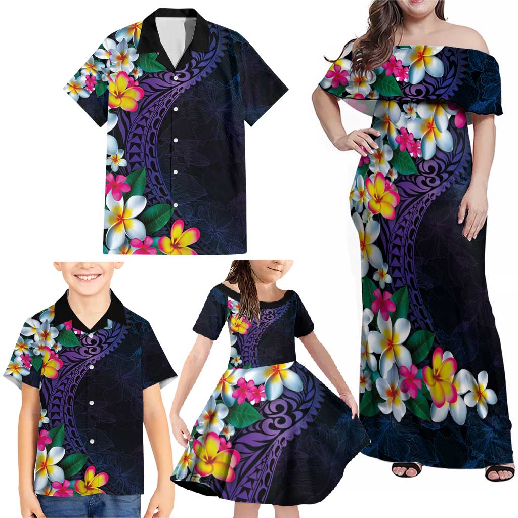 Hawaiian Plumeria-Polynesian Art Tattoo Frosted Blue Violet Color Family Matching Off Shoulder Maxi Dress and Hawaiian Shirt