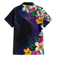 Hawaiian Plumeria-Polynesian Art Tattoo Frosted Blue Violet Color Family Matching Off Shoulder Short Dress and Hawaiian Shirt