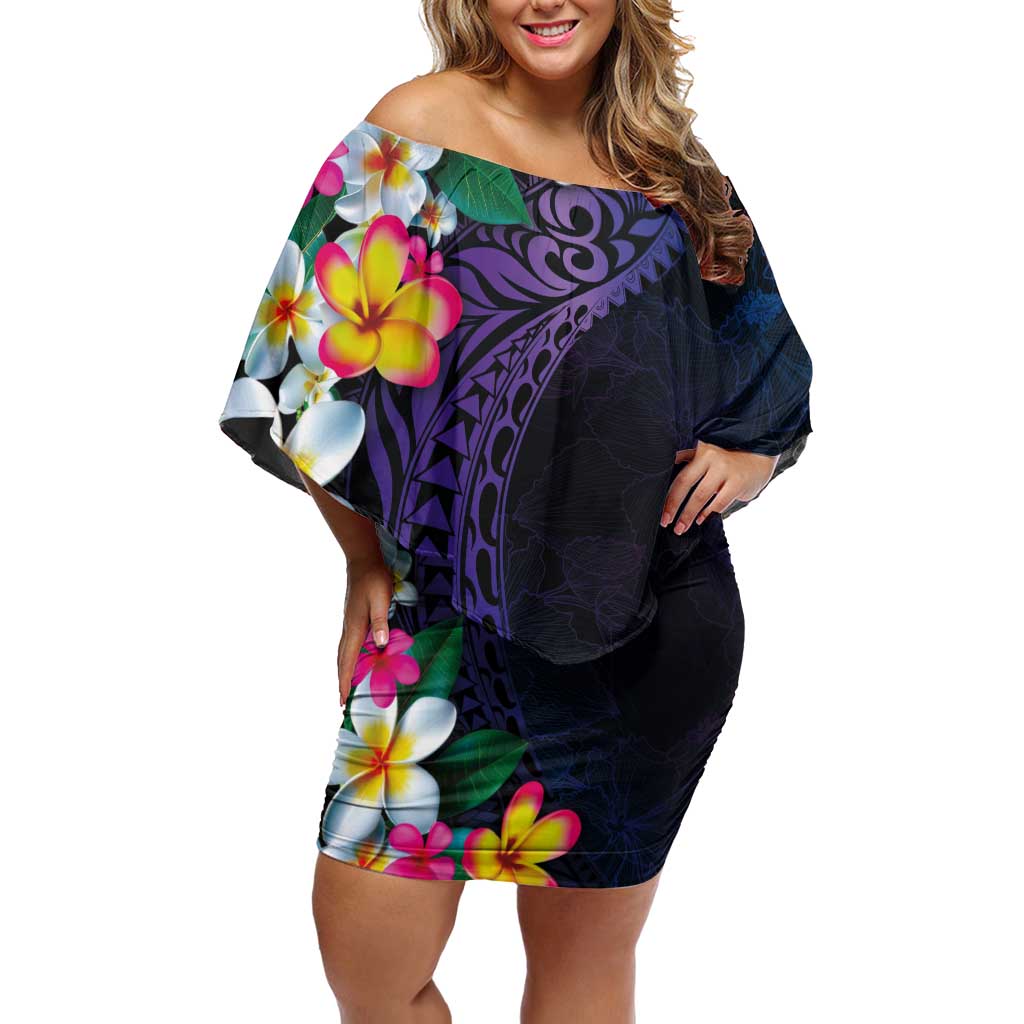 Hawaiian Plumeria-Polynesian Art Tattoo Frosted Blue Violet Color Family Matching Off Shoulder Short Dress and Hawaiian Shirt