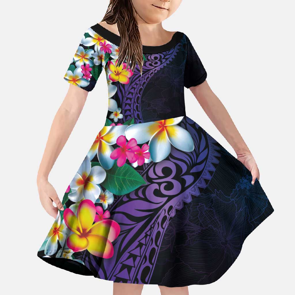 Hawaiian Plumeria-Polynesian Art Tattoo Frosted Blue Violet Color Family Matching Short Sleeve Bodycon Dress and Hawaiian Shirt LT03 Daughter's Dress Blue - Polynesian Pride