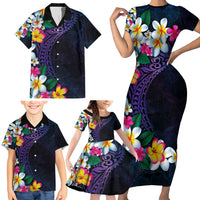 Hawaiian Plumeria-Polynesian Art Tattoo Frosted Blue Violet Color Family Matching Short Sleeve Bodycon Dress and Hawaiian Shirt LT03 - Polynesian Pride