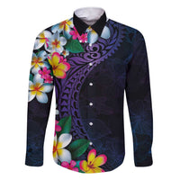 Hawaiian Plumeria-Polynesian Art Tattoo Frosted Blue Violet Color Family Matching Short Sleeve Bodycon Dress and Hawaiian Shirt LT03 Dad's Shirt - Long Sleeve Blue - Polynesian Pride