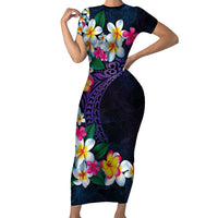 Hawaiian Plumeria-Polynesian Art Tattoo Frosted Blue Violet Color Family Matching Short Sleeve Bodycon Dress and Hawaiian Shirt LT03 Mom's Dress Blue - Polynesian Pride