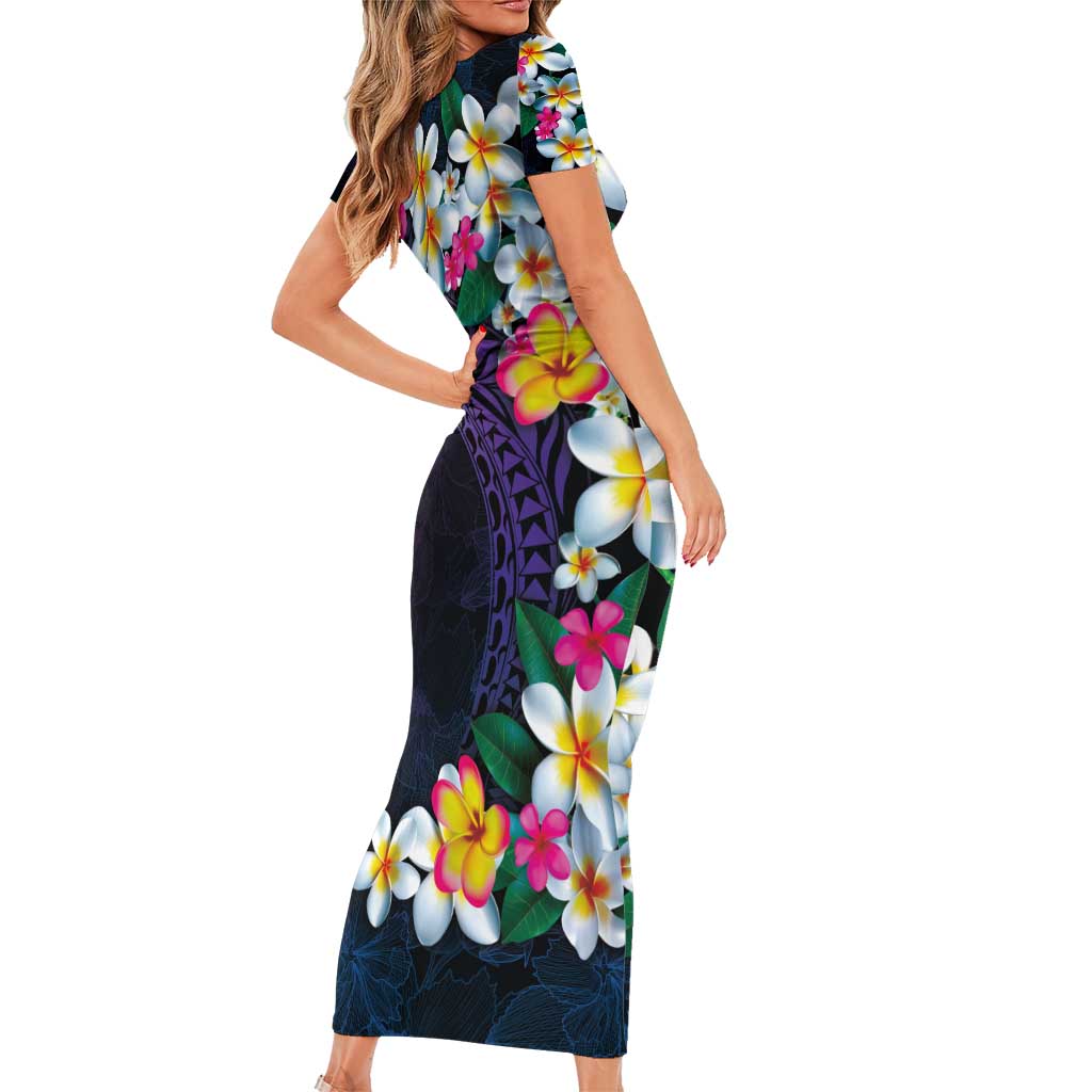 Hawaiian Plumeria-Polynesian Art Tattoo Frosted Blue Violet Color Family Matching Short Sleeve Bodycon Dress and Hawaiian Shirt LT03 - Polynesian Pride