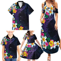 Hawaiian Plumeria-Polynesian Art Tattoo Frosted Blue Violet Color Family Matching Summer Maxi Dress and Hawaiian Shirt