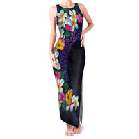 Hawaiian Plumeria-Polynesian Art Tattoo Frosted Blue Violet Color Family Matching Tank Maxi Dress and Hawaiian Shirt