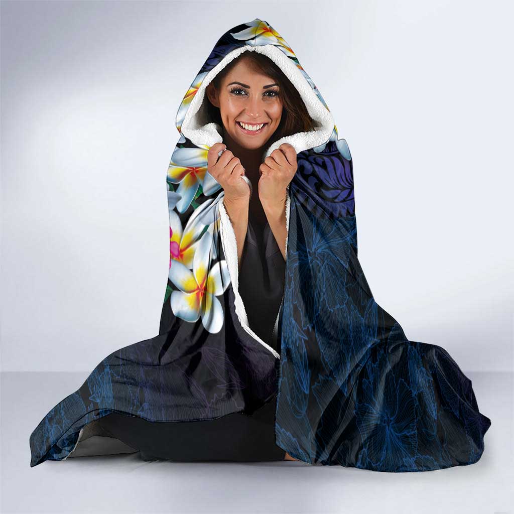 Hawaiian Plumeria-Polynesian Art Tattoo Frosted Blue Violet Color Hooded Blanket