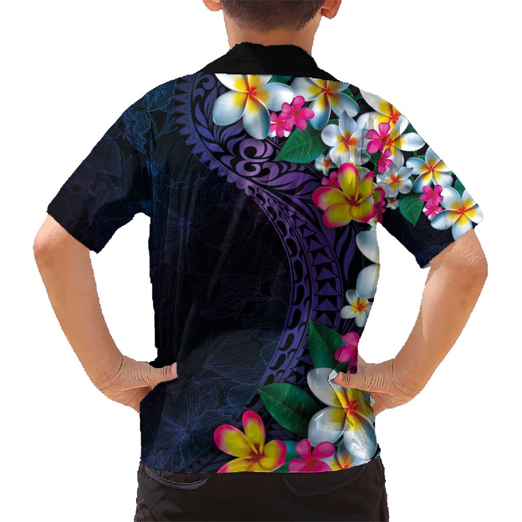 Hawaiian Plumeria-Polynesian Art Tattoo Frosted Blue Violet Color Kid Hawaiian Shirt