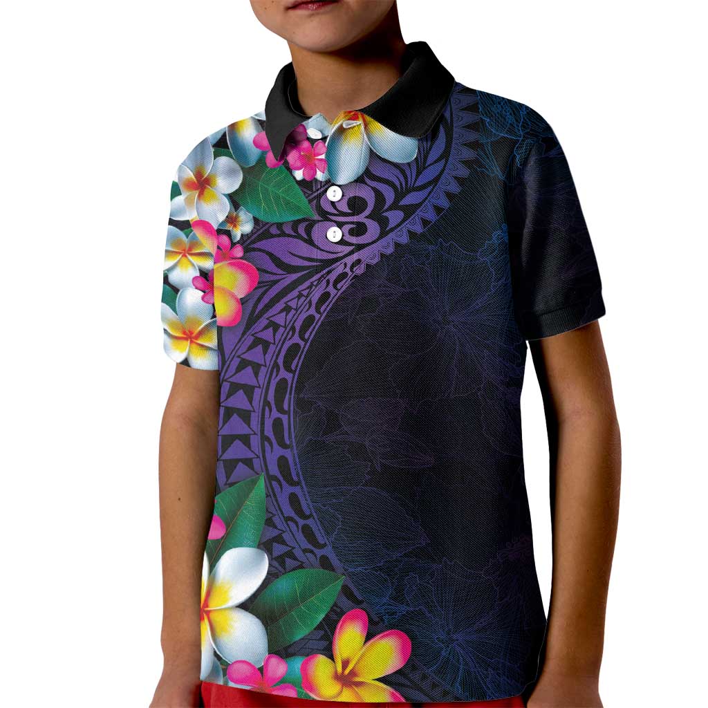 Hawaiian Plumeria-Polynesian Art Tattoo Frosted Blue Violet Color Kid Polo Shirt