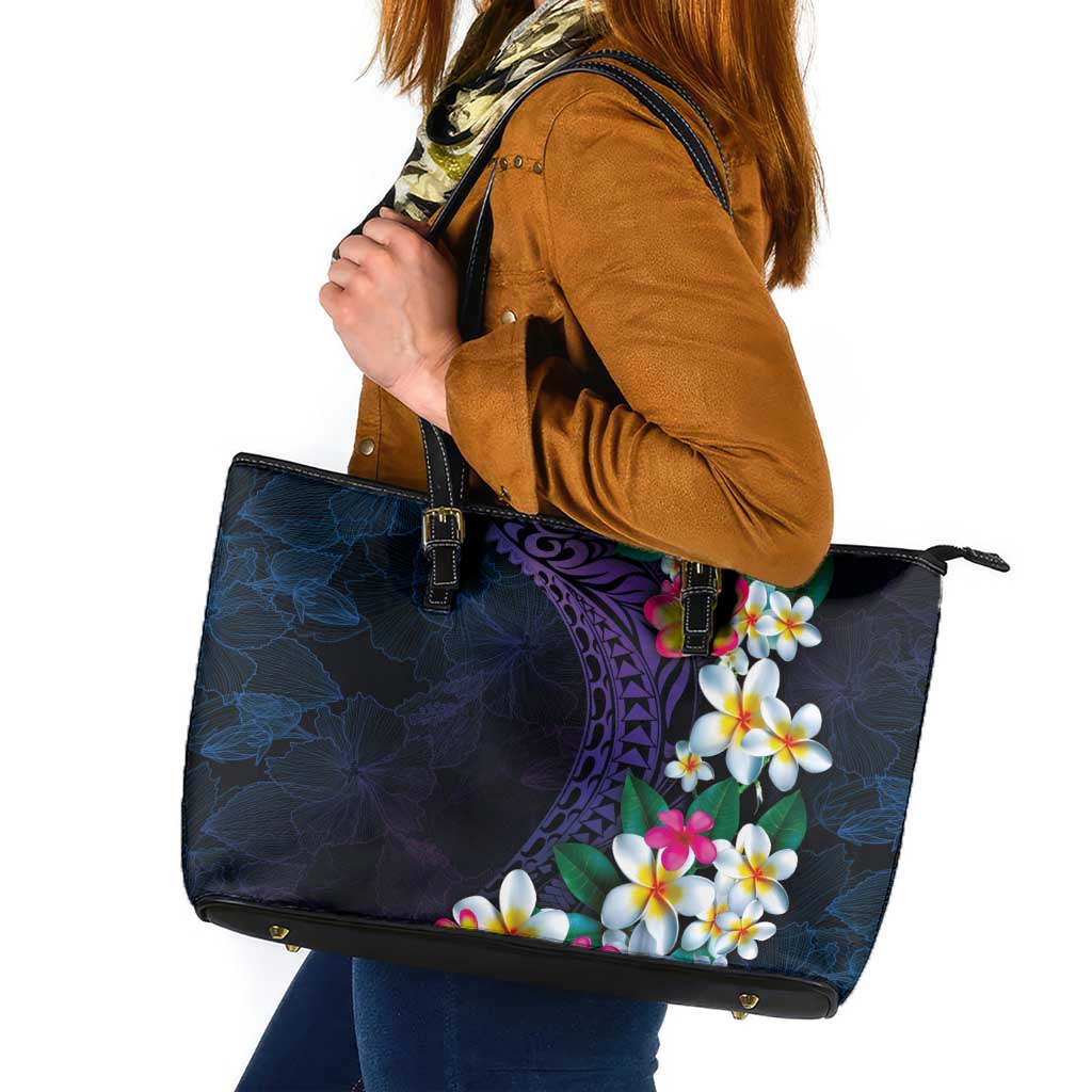 Hawaiian Plumeria-Polynesian Art Tattoo Frosted Blue Violet Color Leather Tote Bag