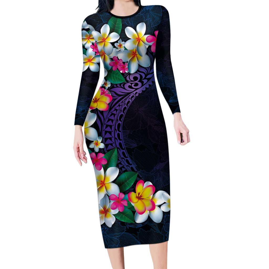 Hawaiian Plumeria-Polynesian Art Tattoo Frosted Blue Violet Color Long Sleeve Bodycon Dress LT03 Long Dress Blue - Polynesian Pride