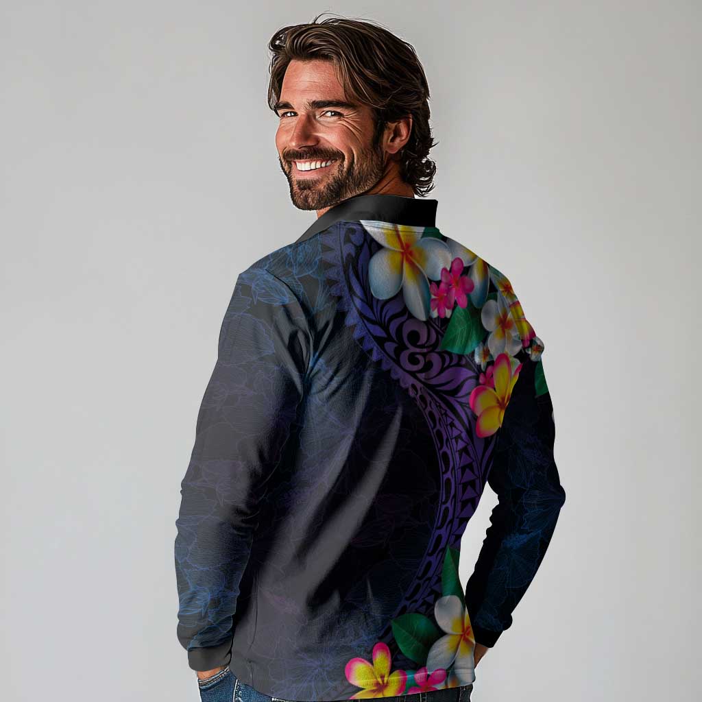 Hawaiian Plumeria-Polynesian Art Tattoo Frosted Blue Violet Color Long Sleeve Polo Shirt