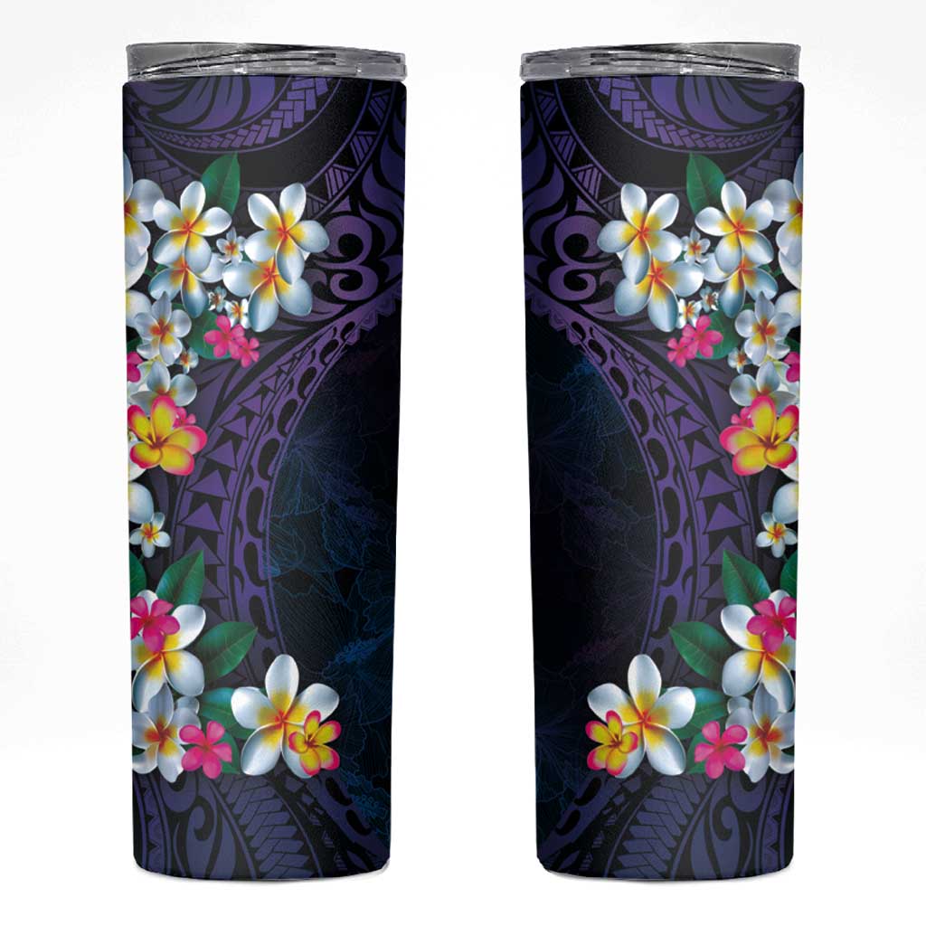 Hawaiian Plumeria-Polynesian Art Tattoo Frosted Blue Violet Color Skinny Tumbler