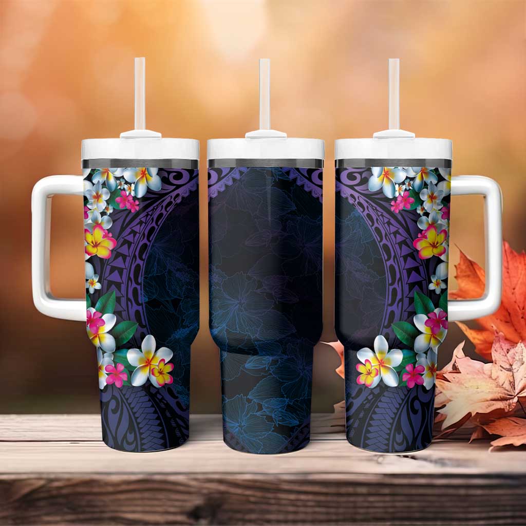 Hawaiian Plumeria-Polynesian Art Tattoo Frosted Blue Violet Color Tumbler With Handle