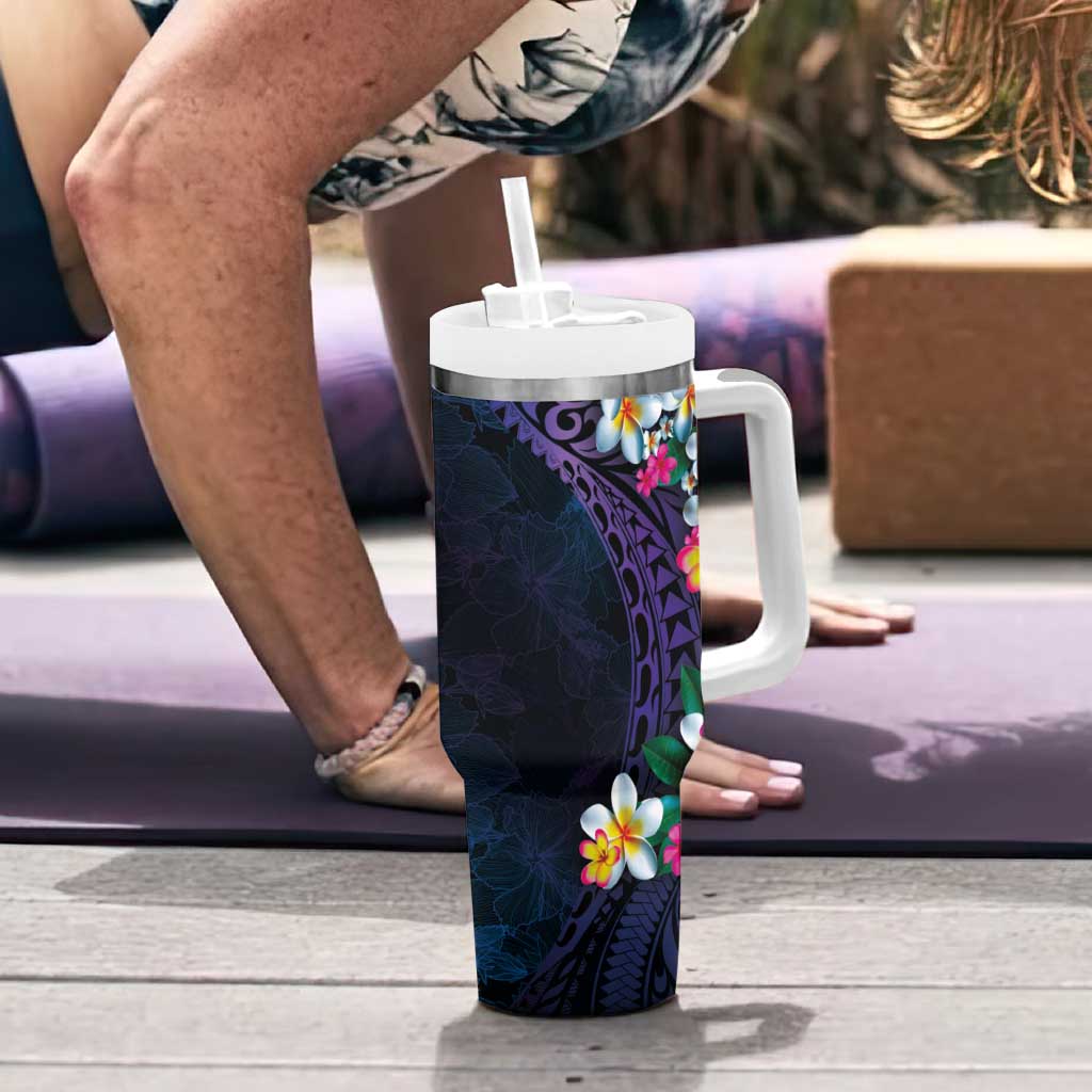 Hawaiian Plumeria-Polynesian Art Tattoo Frosted Blue Violet Color Tumbler With Handle