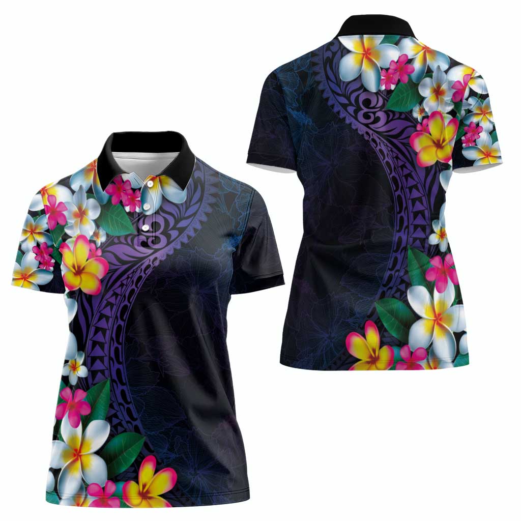 Hawaiian Plumeria-Polynesian Art Tattoo Frosted Blue Violet Color Women Polo Shirt LT03 - Polynesian Pride