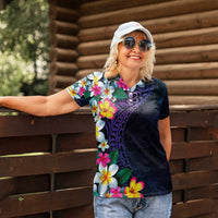 Hawaiian Plumeria-Polynesian Art Tattoo Frosted Blue Violet Color Women Polo Shirt LT03 - Polynesian Pride