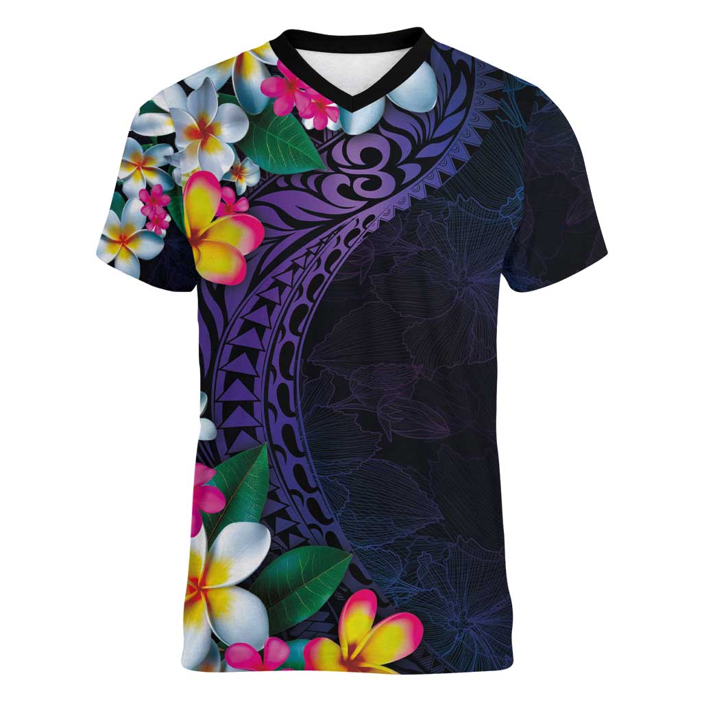 Hawaiian Plumeria-Polynesian Art Tattoo Frosted Blue Violet Color Women V-Neck T-Shirt LT03 Female Blue - Polynesian Pride