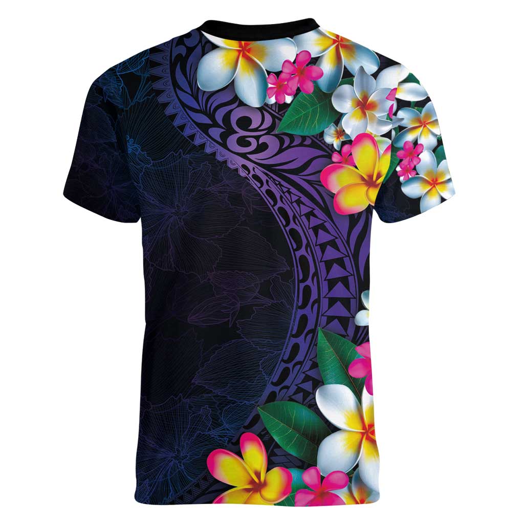 Hawaiian Plumeria-Polynesian Art Tattoo Frosted Blue Violet Color Women V-Neck T-Shirt LT03 - Polynesian Pride