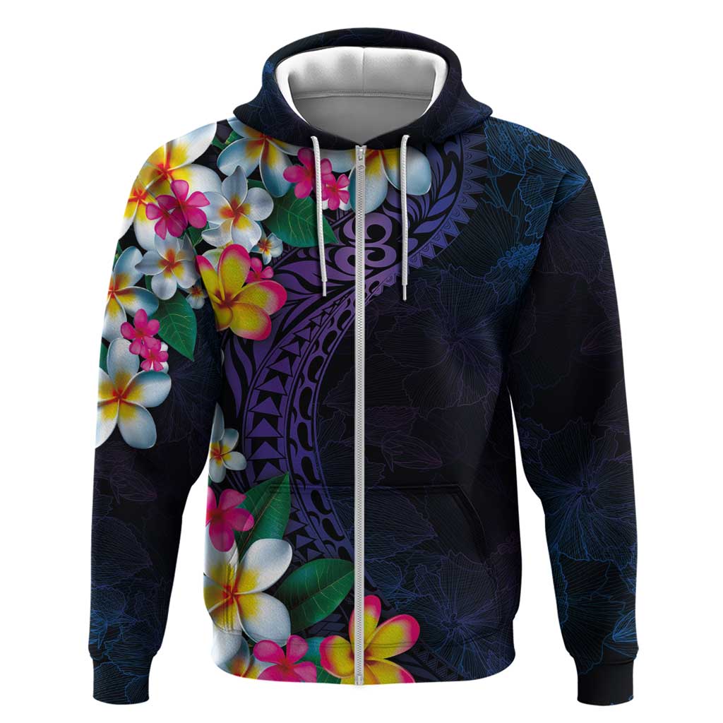 Hawaiian Plumeria-Polynesian Art Tattoo Frosted Blue Violet Color Zip Hoodie