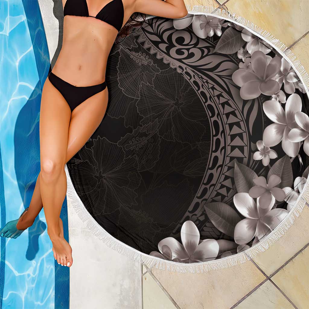 Hawaiian Plumeria-Polynesian Art Tattoo Grayscale Color Beach Blanket