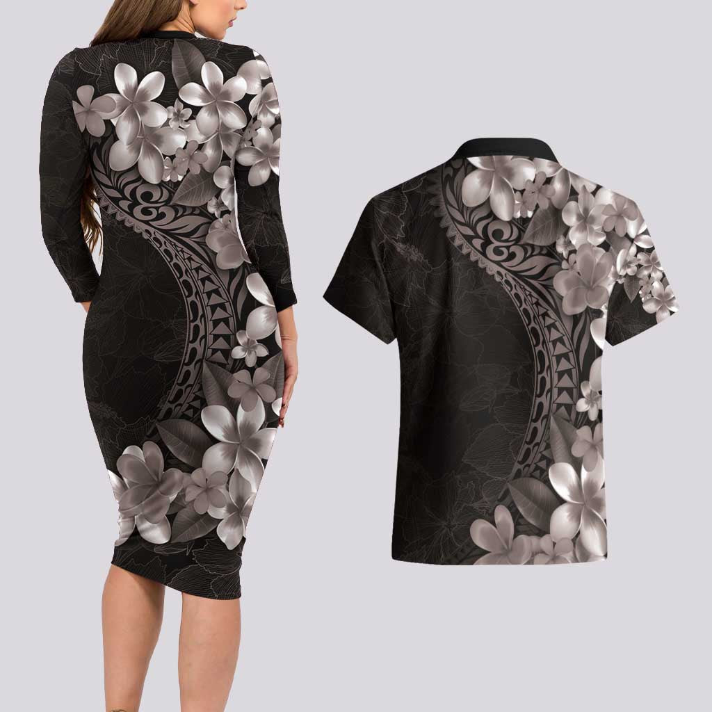 Hawaiian Plumeria-Polynesian Art Tattoo Grayscale Color Couples Matching Long Sleeve Bodycon Dress and Hawaiian Shirt