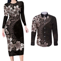 Hawaiian Plumeria-Polynesian Art Tattoo Grayscale Color Couples Matching Long Sleeve Bodycon Dress and Long Sleeve Button Shirt