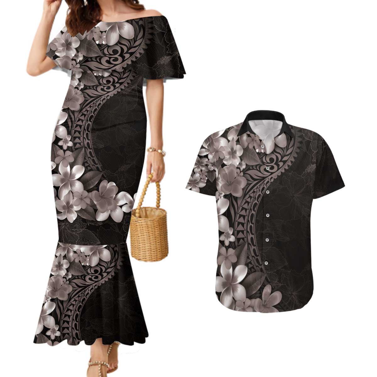 Hawaiian Plumeria-Polynesian Art Tattoo Grayscale Color Couples Matching Mermaid Dress and Hawaiian Shirt