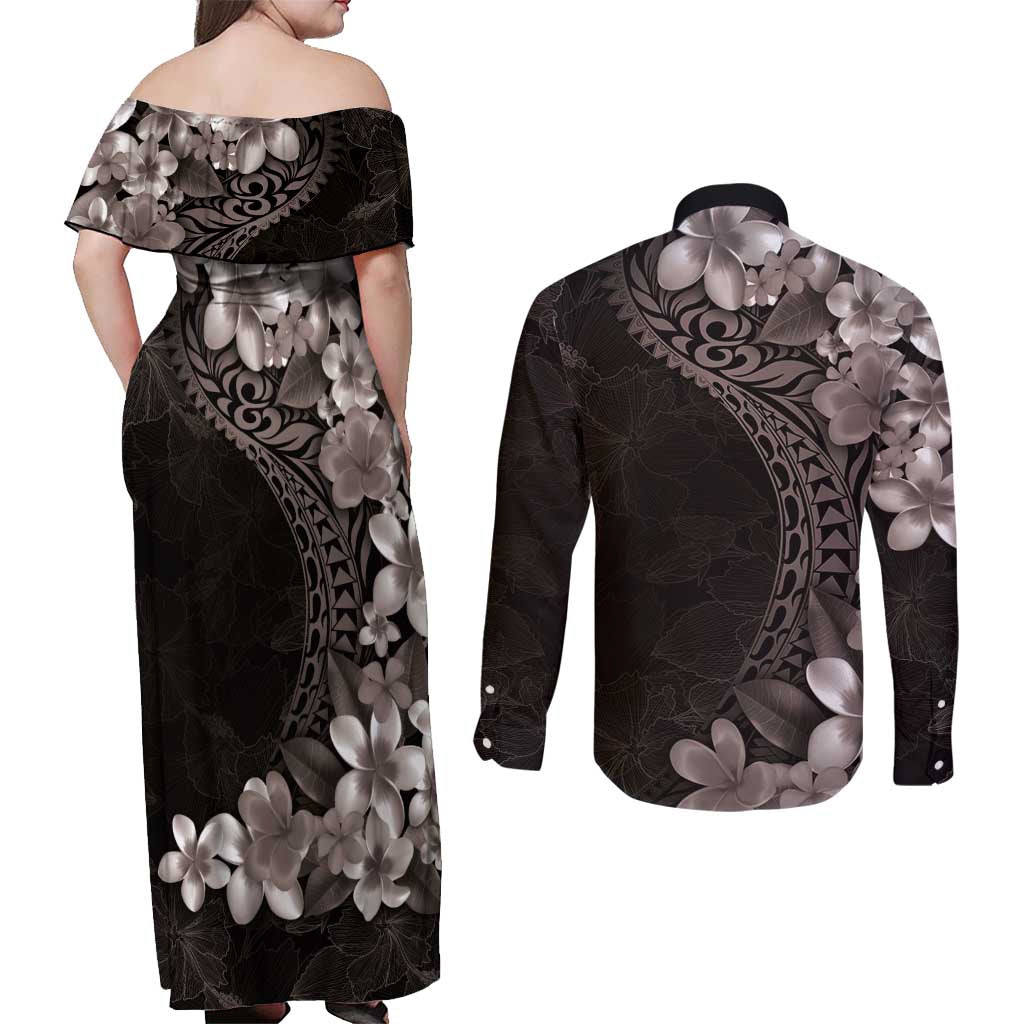 Hawaiian Plumeria-Polynesian Art Tattoo Grayscale Color Couples Matching Off Shoulder Maxi Dress and Long Sleeve Button Shirt