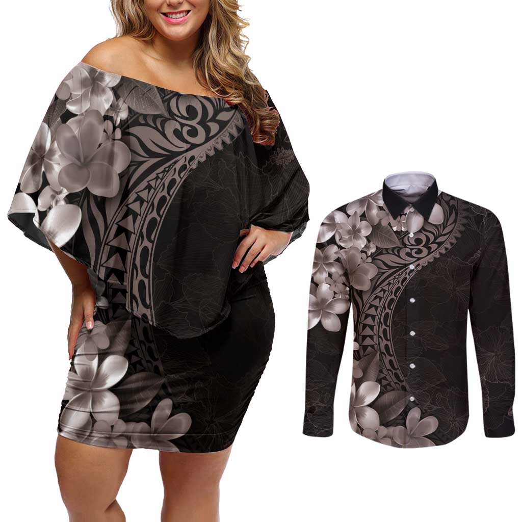 Hawaiian Plumeria-Polynesian Art Tattoo Grayscale Color Couples Matching Off Shoulder Short Dress and Long Sleeve Button Shirt
