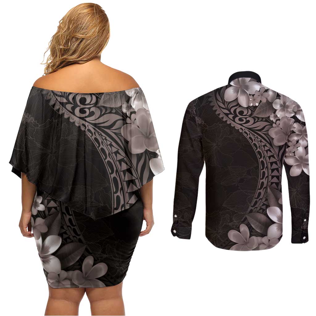 Hawaiian Plumeria-Polynesian Art Tattoo Grayscale Color Couples Matching Off Shoulder Short Dress and Long Sleeve Button Shirt