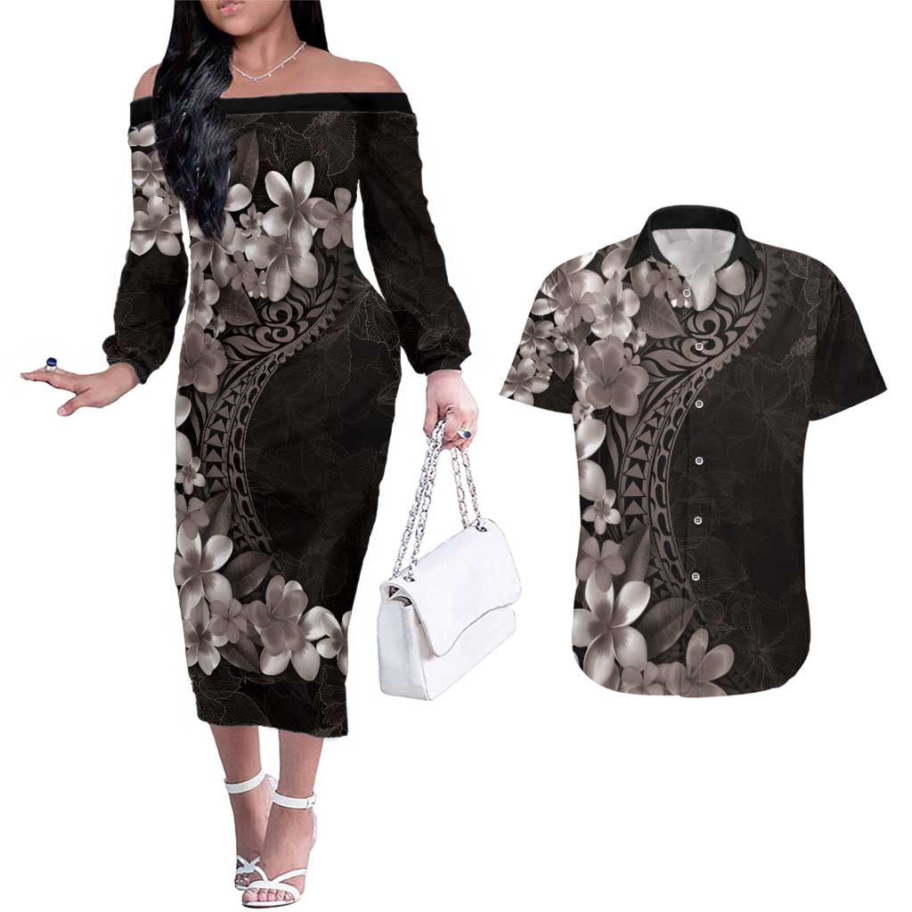Hawaiian Plumeria-Polynesian Art Tattoo Grayscale Color Couples Matching Off The Shoulder Long Sleeve Dress and Hawaiian Shirt