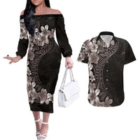 Hawaiian Plumeria-Polynesian Art Tattoo Grayscale Color Couples Matching Off The Shoulder Long Sleeve Dress and Hawaiian Shirt