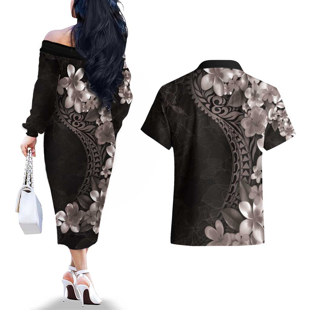 Hawaiian Plumeria-Polynesian Art Tattoo Grayscale Color Couples Matching Off The Shoulder Long Sleeve Dress and Hawaiian Shirt
