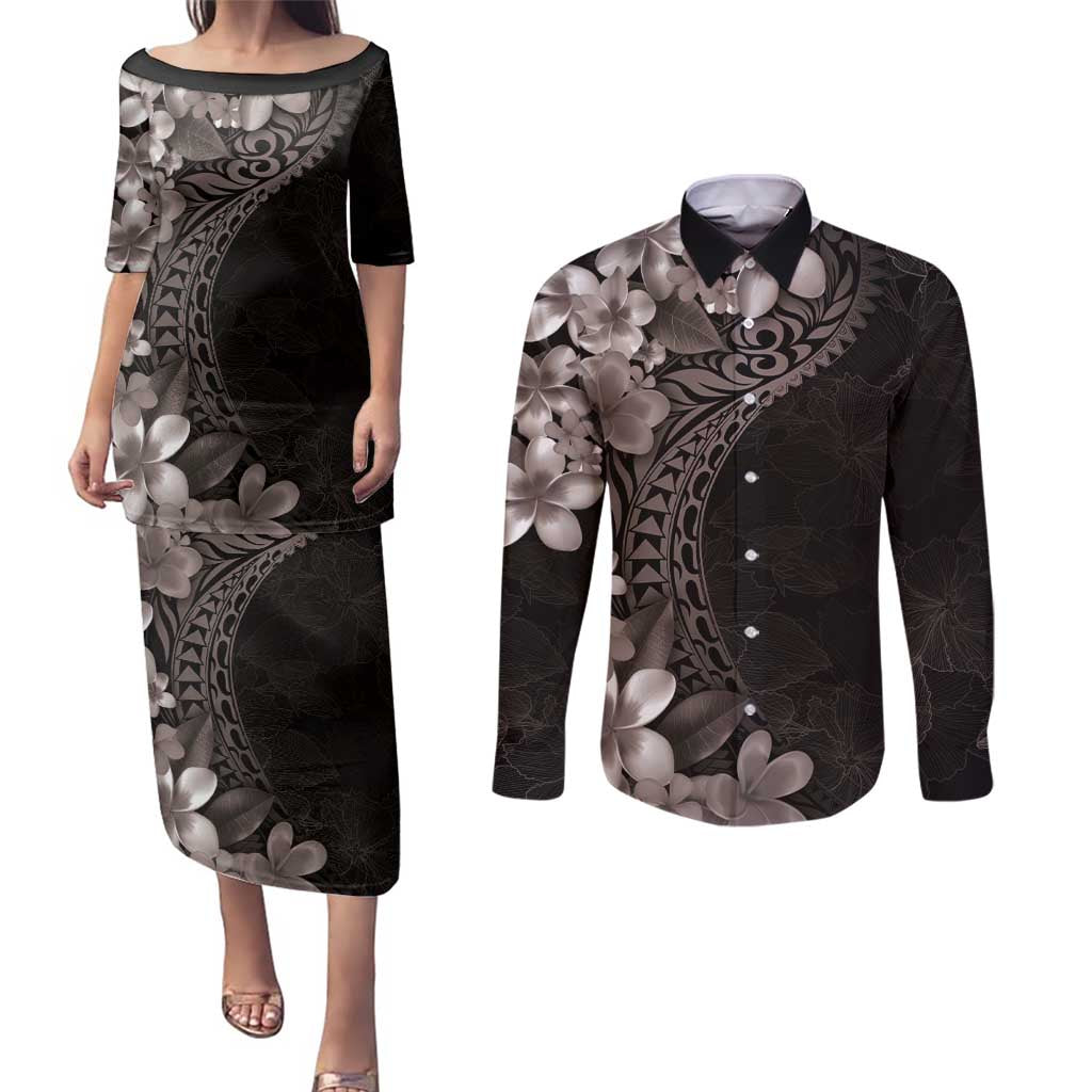 Hawaiian Plumeria-Polynesian Art Tattoo Grayscale Color Couples Matching Puletasi and Long Sleeve Button Shirt