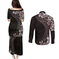 Hawaiian Plumeria-Polynesian Art Tattoo Grayscale Color Couples Matching Puletasi and Long Sleeve Button Shirt