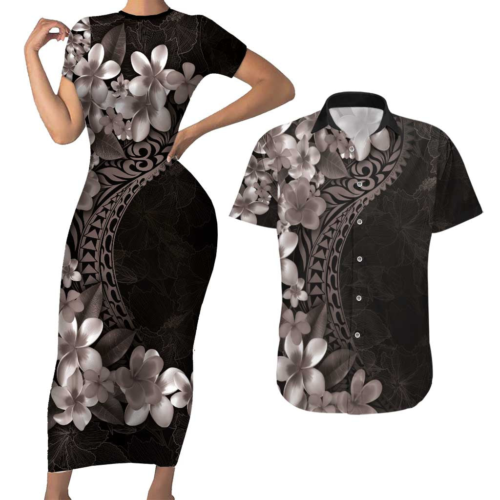 Hawaiian Plumeria-Polynesian Art Tattoo Grayscale Color Couples Matching Short Sleeve Bodycon Dress and Hawaiian Shirt