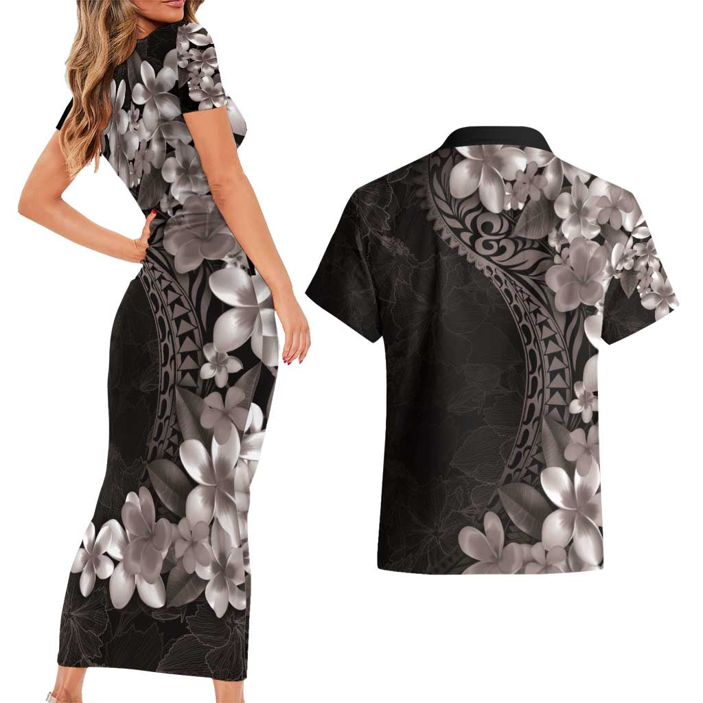 Hawaiian Plumeria-Polynesian Art Tattoo Grayscale Color Couples Matching Short Sleeve Bodycon Dress and Hawaiian Shirt