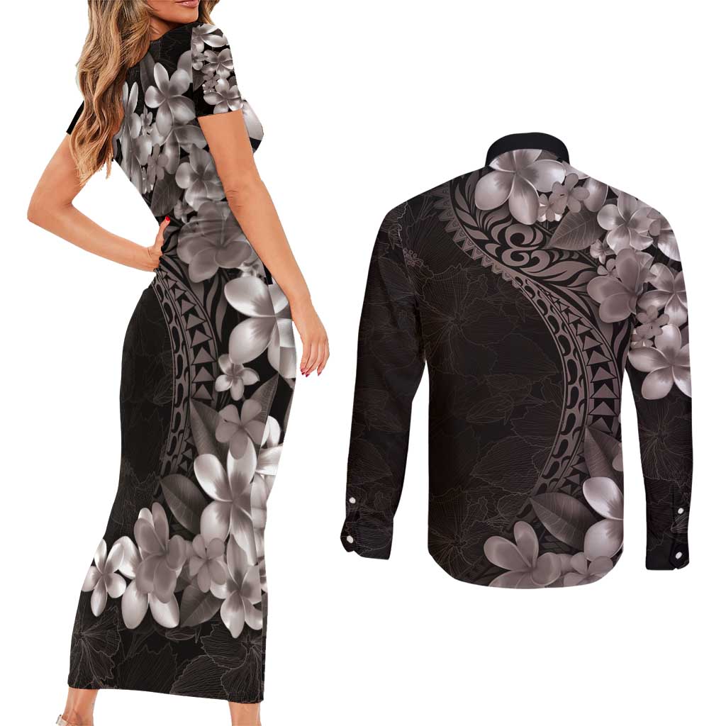 Hawaiian Plumeria-Polynesian Art Tattoo Grayscale Color Couples Matching Short Sleeve Bodycon Dress and Long Sleeve Button Shirt
