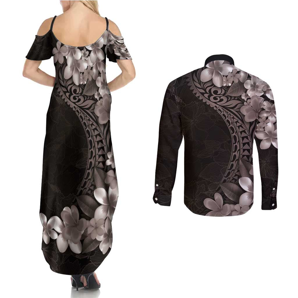 Hawaiian Plumeria-Polynesian Art Tattoo Grayscale Color Couples Matching Summer Maxi Dress and Long Sleeve Button Shirt