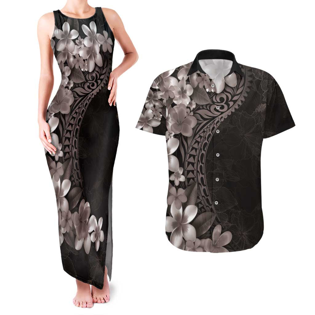 Hawaiian Plumeria-Polynesian Art Tattoo Grayscale Color Couples Matching Tank Maxi Dress and Hawaiian Shirt