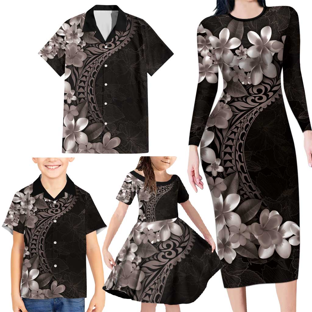 Hawaiian Plumeria-Polynesian Art Tattoo Grayscale Color Family Matching Long Sleeve Bodycon Dress and Hawaiian Shirt LT03 - Polynesian Pride