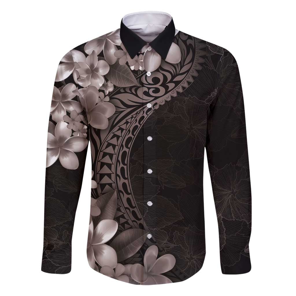 Hawaiian Plumeria-Polynesian Art Tattoo Grayscale Color Family Matching Long Sleeve Bodycon Dress and Hawaiian Shirt LT03 Dad's Shirt - Long Sleeve Gray - Polynesian Pride