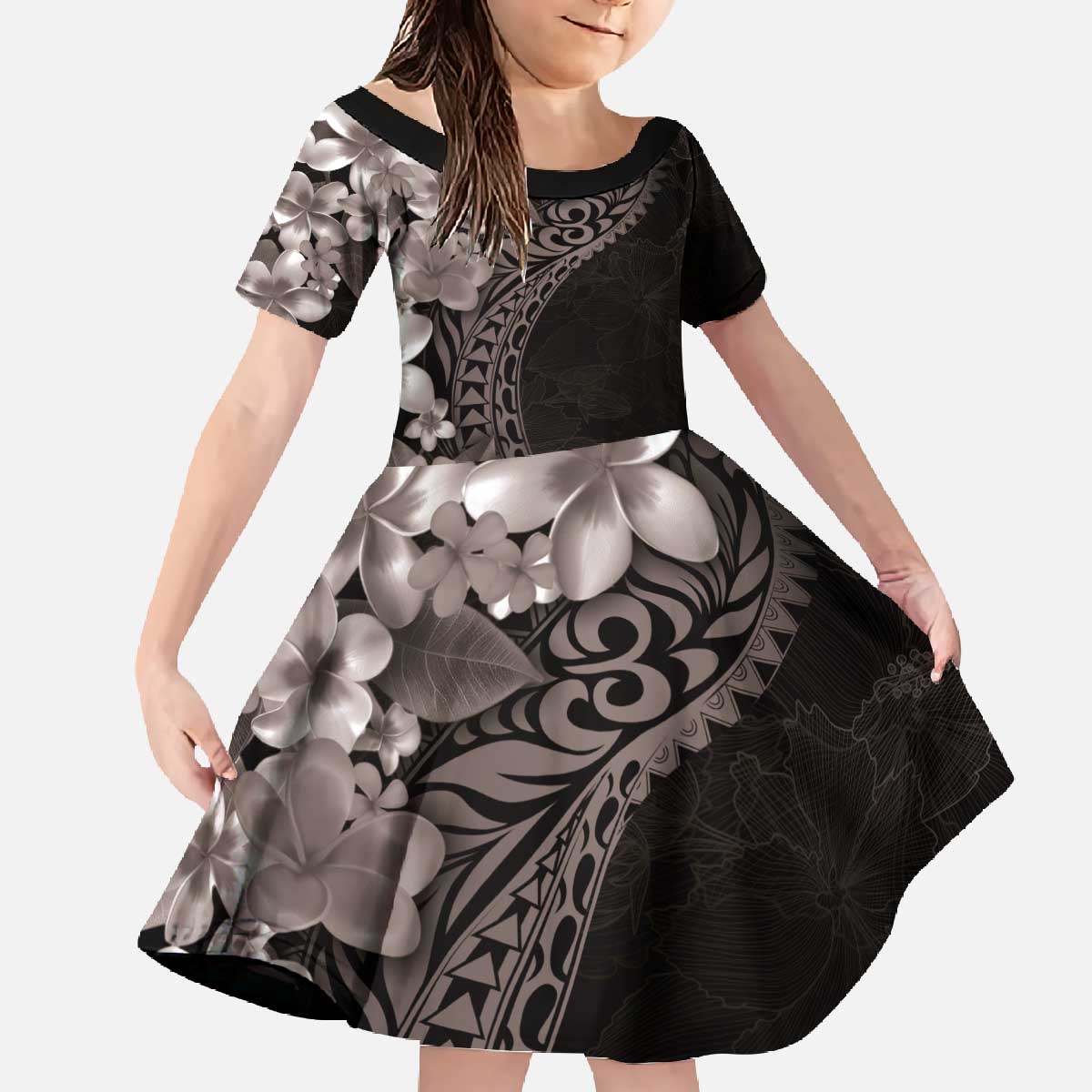 Hawaiian Plumeria-Polynesian Art Tattoo Grayscale Color Family Matching Off The Shoulder Long Sleeve Dress and Hawaiian Shirt