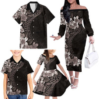 Hawaiian Plumeria-Polynesian Art Tattoo Grayscale Color Family Matching Off The Shoulder Long Sleeve Dress and Hawaiian Shirt