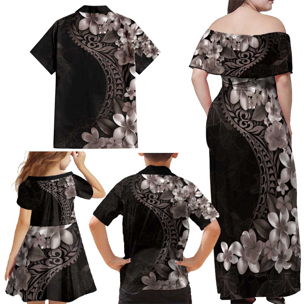 Hawaiian Plumeria-Polynesian Art Tattoo Grayscale Color Family Matching Off Shoulder Maxi Dress and Hawaiian Shirt