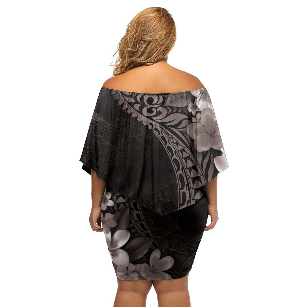 Hawaiian Plumeria-Polynesian Art Tattoo Grayscale Color Family Matching Off Shoulder Short Dress and Hawaiian Shirt