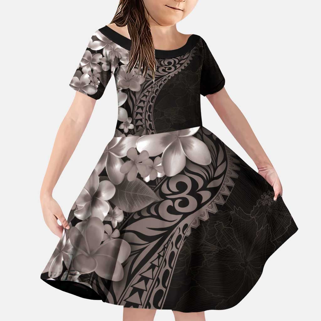 Hawaiian Plumeria-Polynesian Art Tattoo Grayscale Color Family Matching Puletasi and Hawaiian Shirt LT03 Daughter's Dress Gray - Polynesian Pride