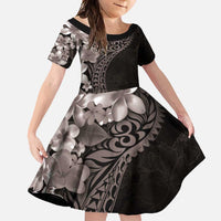 Hawaiian Plumeria-Polynesian Art Tattoo Grayscale Color Family Matching Short Sleeve Bodycon Dress and Hawaiian Shirt LT03 Daughter's Dress Gray - Polynesian Pride