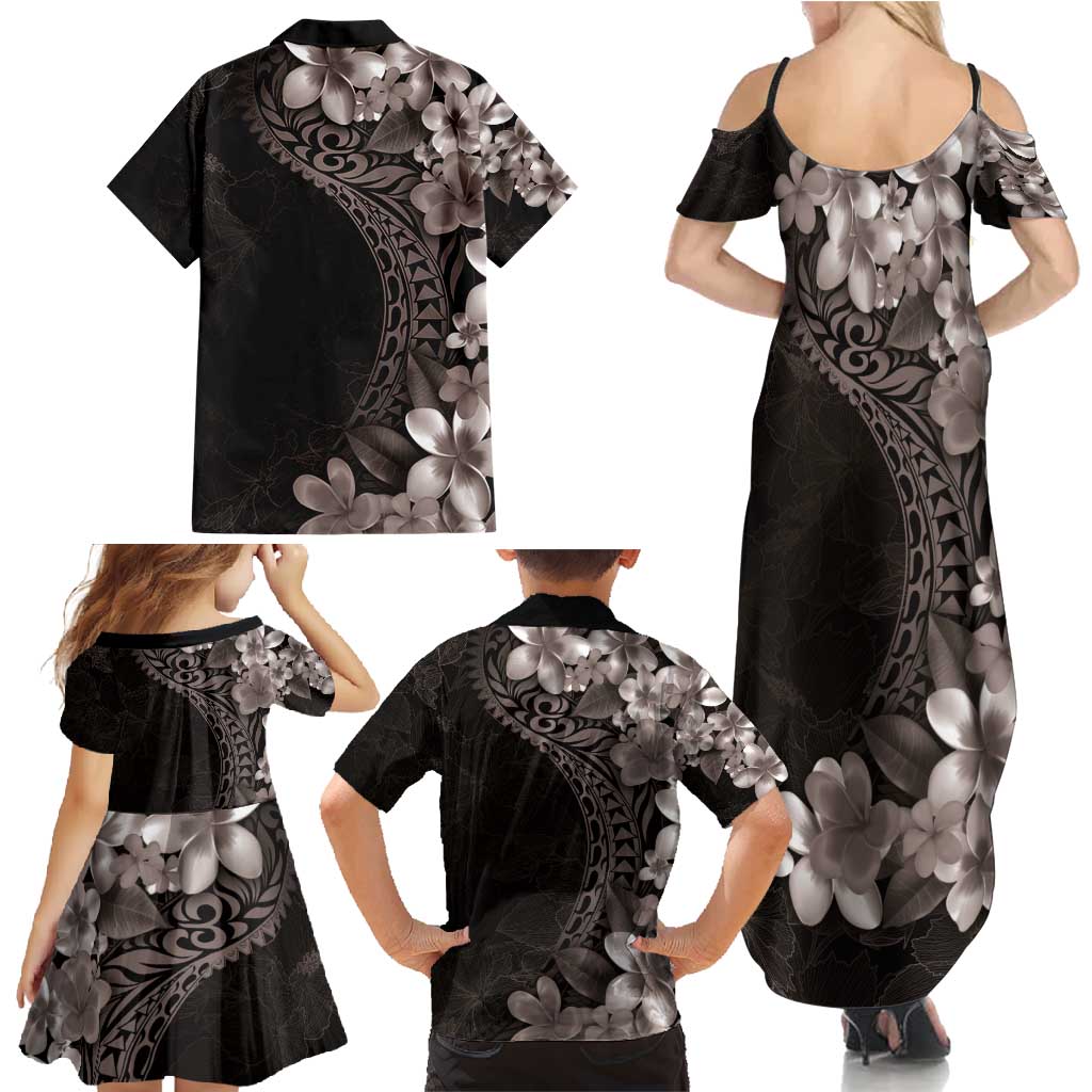 Hawaiian Plumeria-Polynesian Art Tattoo Grayscale Color Family Matching Summer Maxi Dress and Hawaiian Shirt
